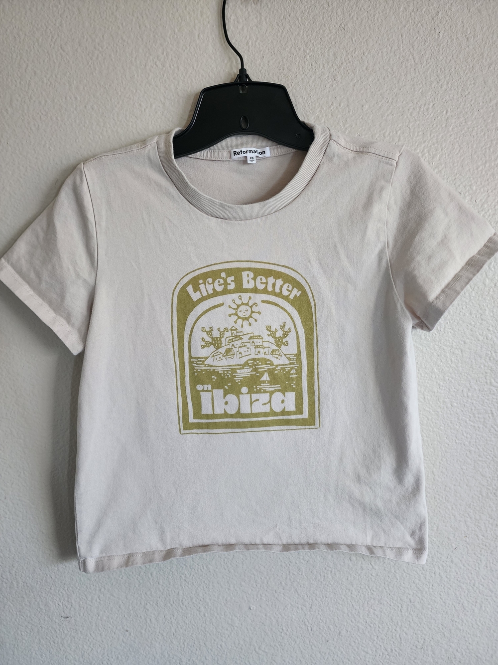 Reformation Kids Cream Tee with Olive Graphic - "Life's Better Ibiza"
